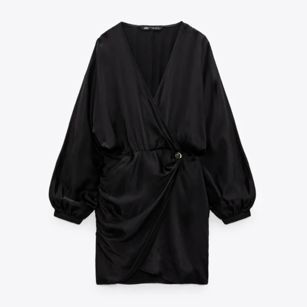 ZARA Satin effect wrap dress long sleeves Size Large - Picture 5 of 14